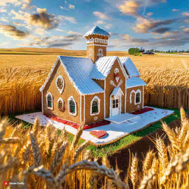 Gingerbread House: A gingerbread farmhouse with fields of golden wheat.