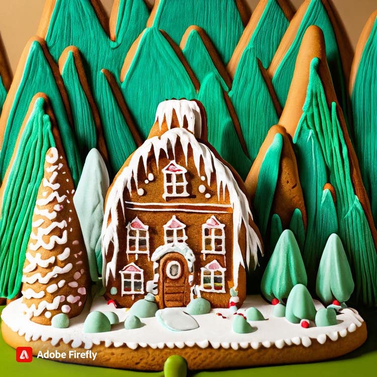 Gingerbread House: A gingerbread farmhouse amidst lush green hills.