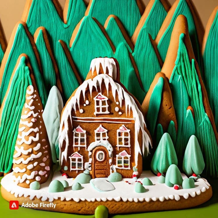 Gingerbread House: A gingerbread farmhouse amidst lush green hills.