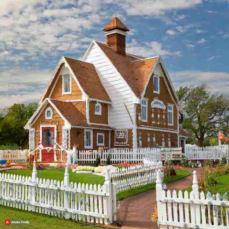 Gingerbread House: A gingerbread farmhouse with a white picket fence.