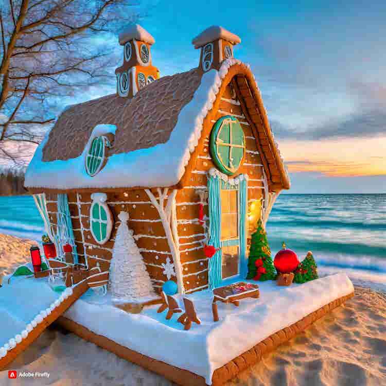 Gingerbread House: A gingerbread cottage by the lakeside.