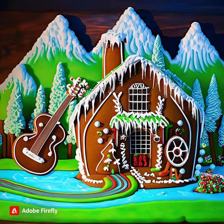 A gingerbread house in front of gingerbread mountains with a gingerbread guitar leaning up against it