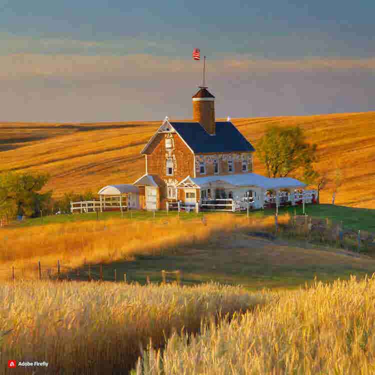 Gingerbread House: A gingerbread prairie farmhouse with golden fields.