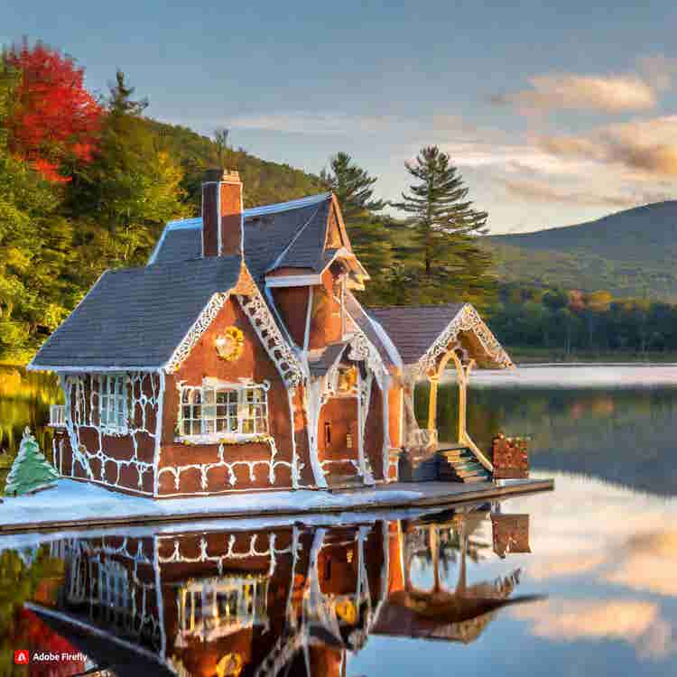 Gingerbread House: A gingerbread cottage by a serene lake.