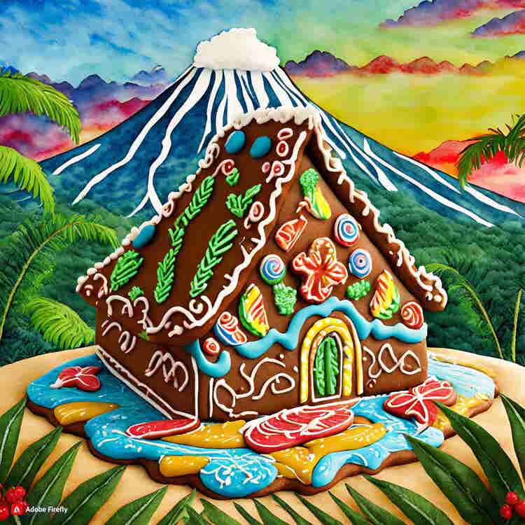 Gingerbread House: A gingerbread hale (traditional Hawaiian house) with a volcano backdrop.