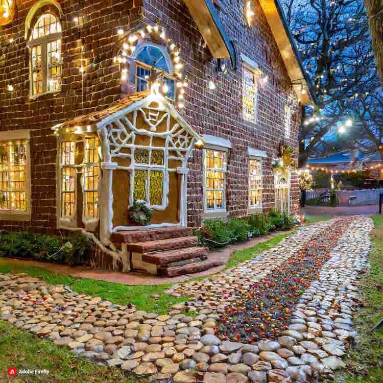 Gingerbread House: A gingerbread colonial house with a cobblestone pathway.