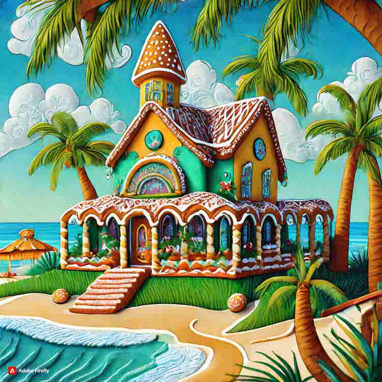 Gingerbread House: A tropical gingerbread villa with palm trees and a sandy beach.