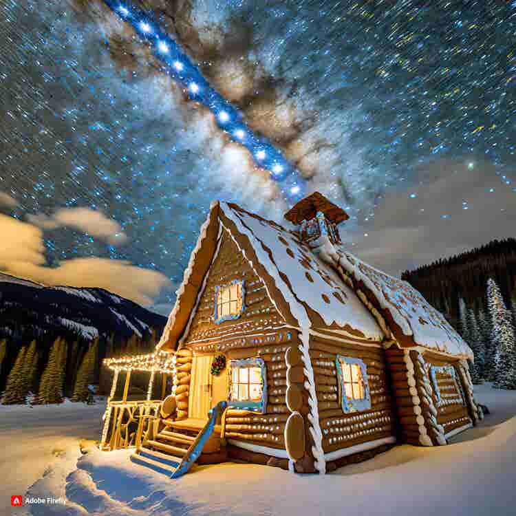 Gingerbread House: A gingerbread log cabin beneath a starry sky.