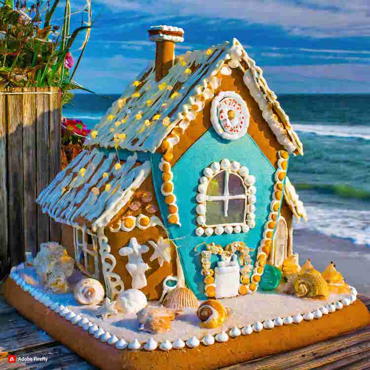 Gingerbread House: A gingerbread beach cottage with seashell decorations.