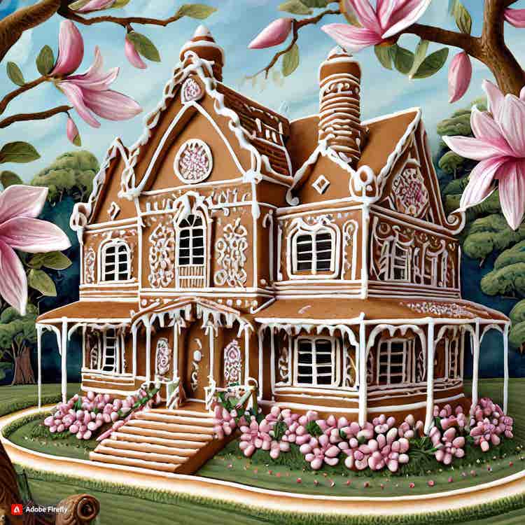 Gingerbread House- A charming Southern mansion with a porch and magnolia trees.