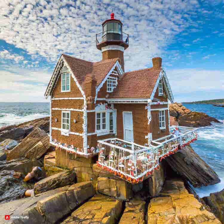 Gingerbread House: A gingerbread lighthouse by the rocky coast.
