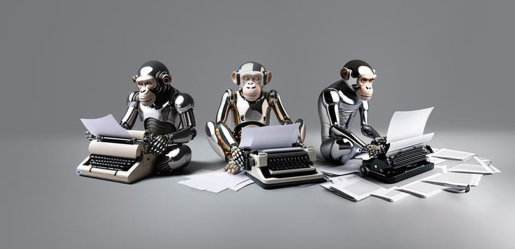 Adobe Firefly 3d created monkeys using typewriters.