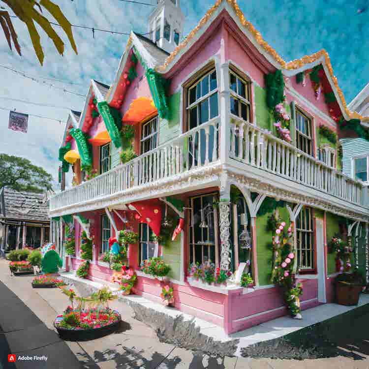 Gingerbread House: A gingerbread row house with a colorful balcony.