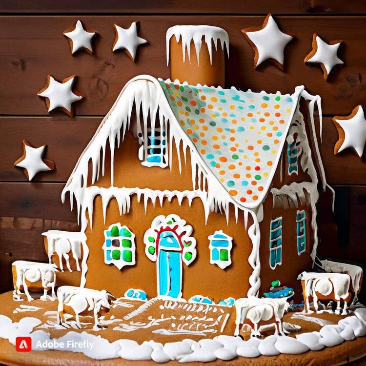Gingerbread House: A gingerbread farmhouse with grazing gingerbread cows.