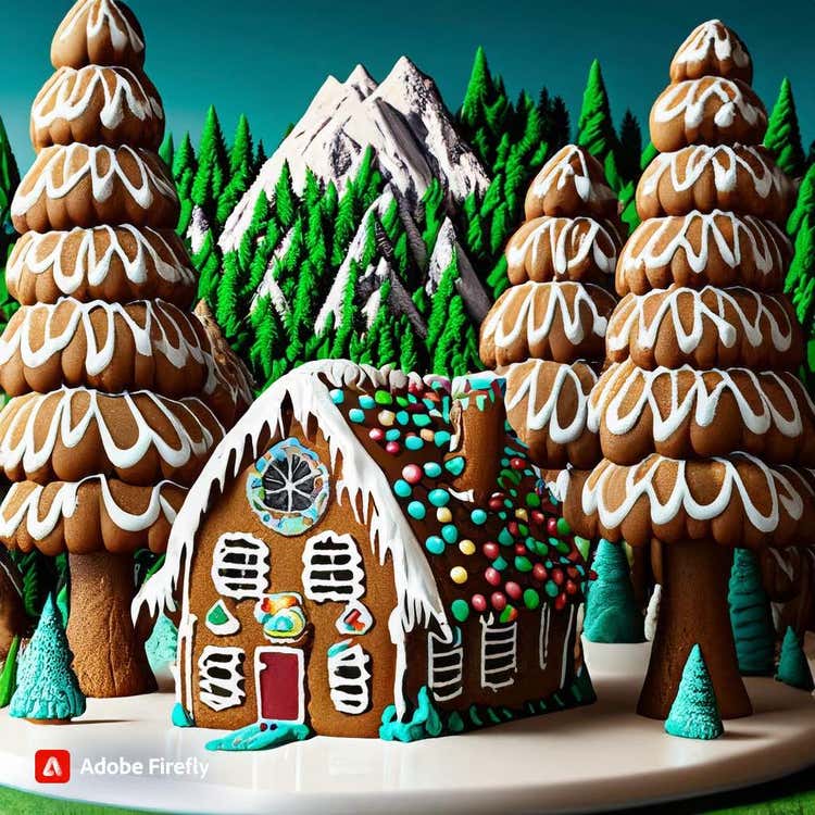 Gingerbread House: A gingerbread cabin surrounded by towering evergreen trees.