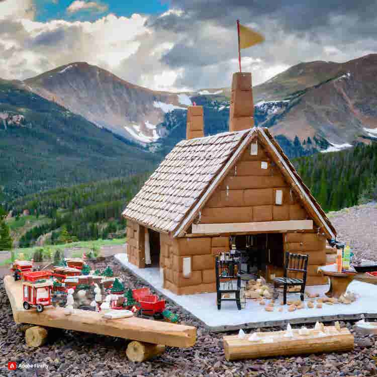 Gingerbread House: A mountain lodge-style gingerbread house with snowy peaks.