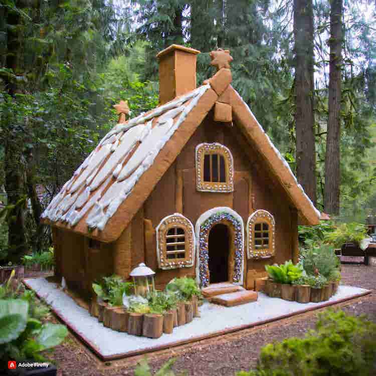 Gingerbread House: A gingerbread cabin in a lush forest.