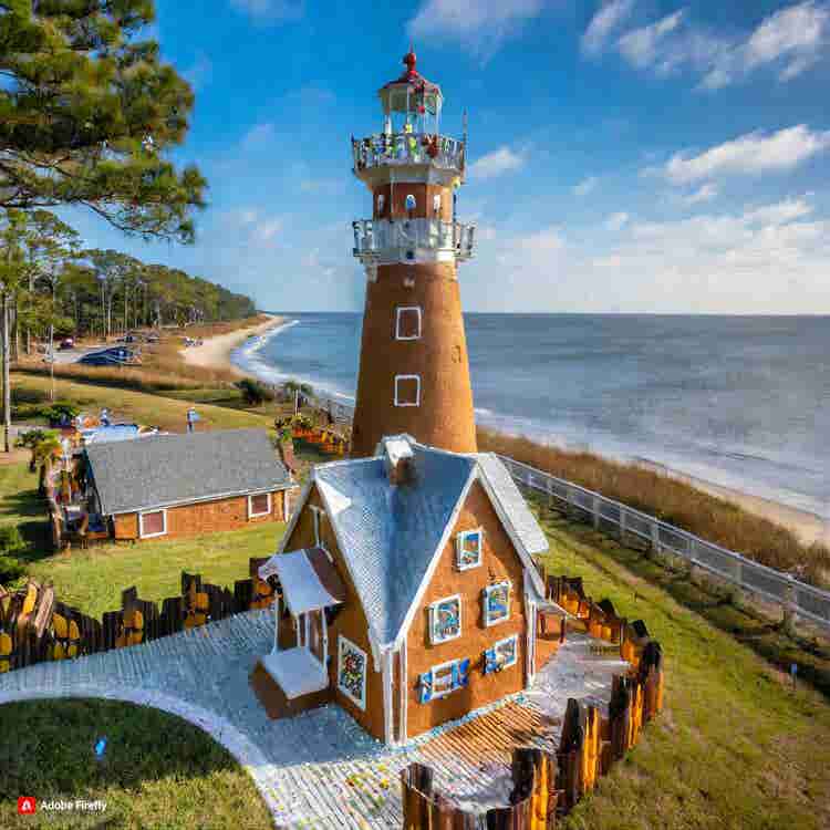 Gingerbread House: A gingerbread lighthouse by the coastline.