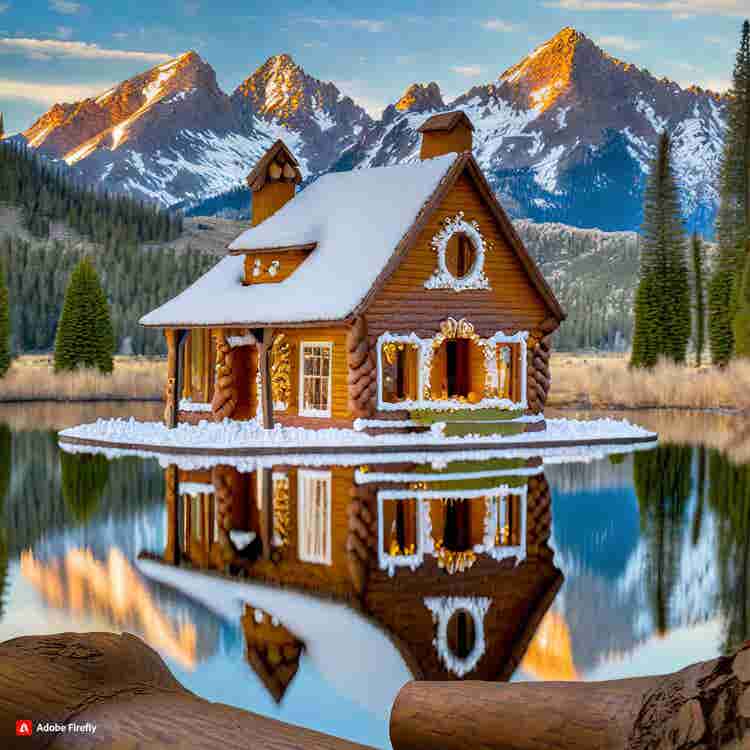 Gingerbread House: A cozy gingerbread cabin surrounded by pine trees.