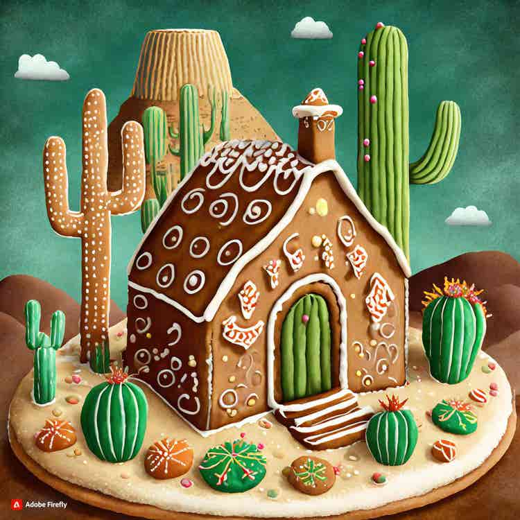 Gingerbread House: A cactus-filled desert scene with a gingerbread pueblo.
