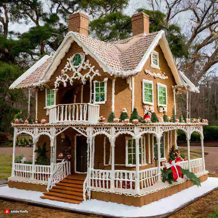 Gingerbread House: A stately gingerbread plantation house with a porch.