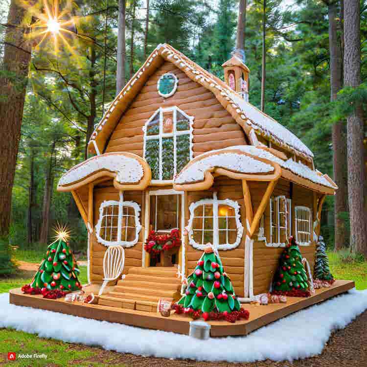 Gingerbread House: A gingerbread cabin surrounded by pine forests.