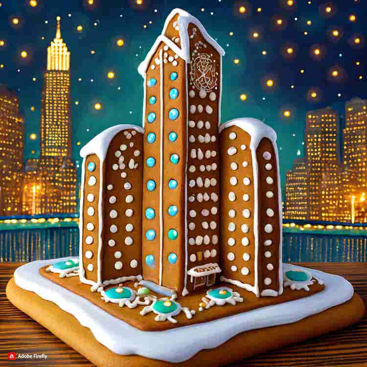 Gingerbread House: A gingerbread skyscraper with city lights.