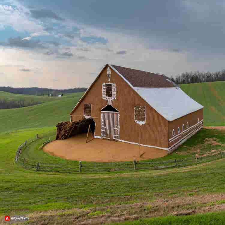 Gingerbread House: A gingerbread barn with rolling hills.