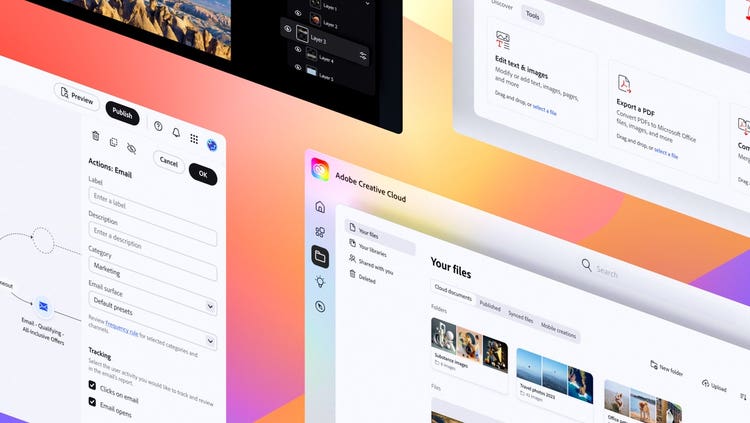 Composite image showing mockups of what the Spectrum 2 design system may eventually look like in Adobe applications, including Acrobat, Adobe Journey Optimizer, and the Creative Cloud “Your Files” page.