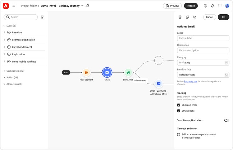 The Spectrum 2 design for Adobe Journey Optimizer showing an open project workflow for a user journey.