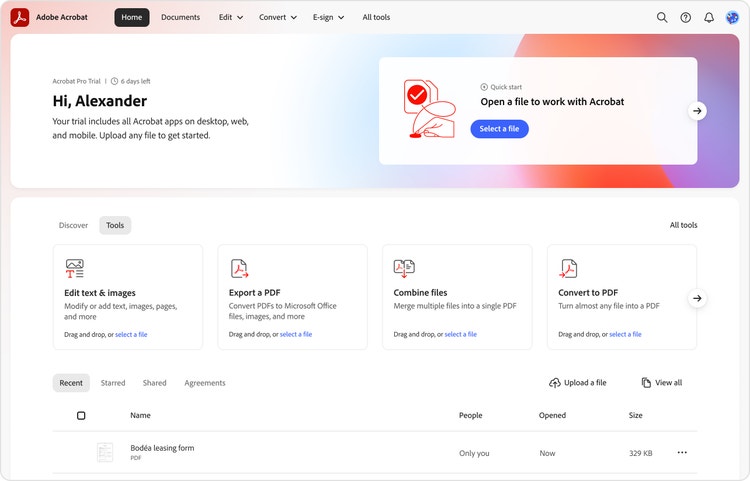 The Spectrum 2 design for the Adobe Acrobat home page on web with the user greeting “Hi, Alexander” and prompts to take document actions like “Export a PDF” and “Combine Files”