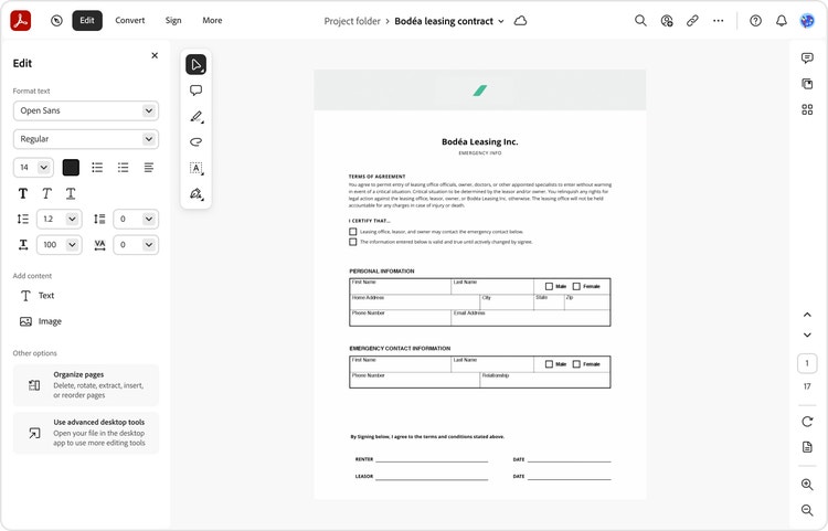 The Spectrum 2 design for the Adobe Acrobat document editor on web, showing a illustrative example of an open PDF form entitled “Bodea Leasing Inc. Emergency Info”.