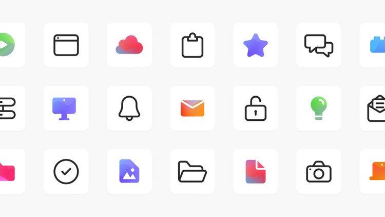 An abstracted composite of color and black-and-white Spectrum 2 icons, including a cloud, a clipboard, and an open folder.