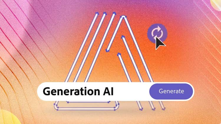 Otherworldly rainbow colours with an Adobe A logo and Adobe Firefly generation type box