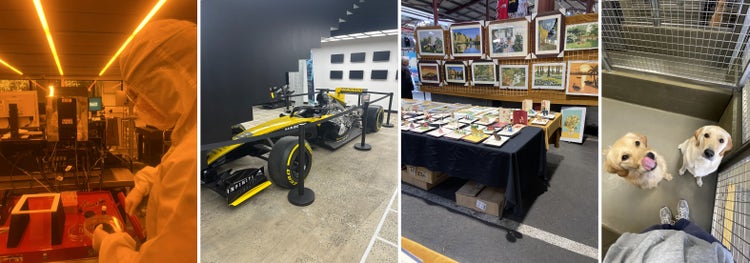 4 images from students participating in a variety of work placements, including (from left to right) a lab, Motorsport Australia, a pop-up card shop, and Seeing Eye Dogs Australia.