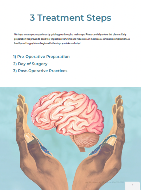 3 Treatment Steps: 1. Pre-operative preperation 2. Day of surgery 3. Post-operative practices Image of hands and a brain.