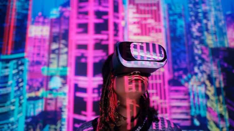 African American woman experiencing VR in a headset, neon-lit futuristic city.