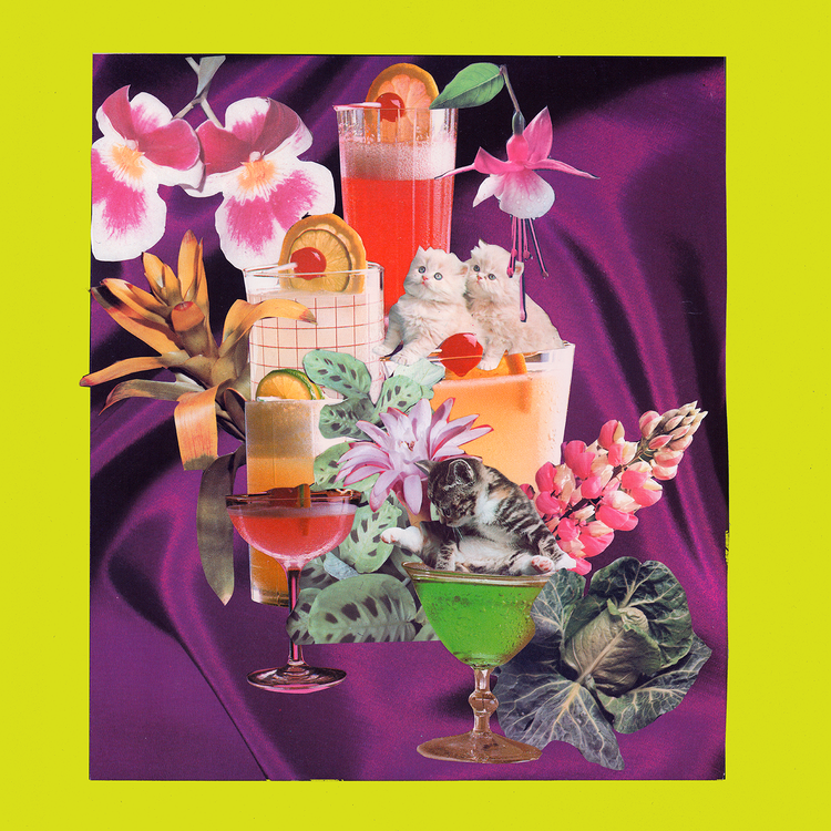digital collage of cocktails, cats and flowers on a purple tablecloth.