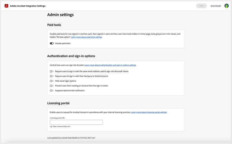 Image showing Admin configuration portal for Acrobat in Microsoft Teams.