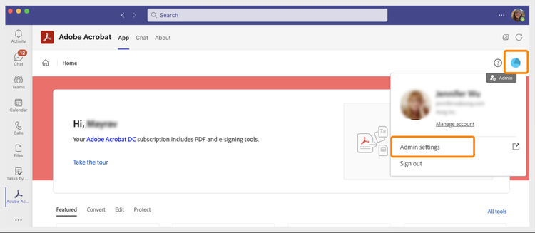 Image showing Admin configuration portal for Acrobat in Microsoft Teams.
