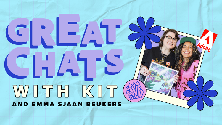 "Great Chats with Kit and Adobe Express" title card with photo of Kitiya Palaskas and Emma Sjaan Beukers in a polaroid and flower embelishments