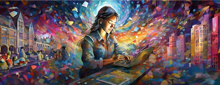 Digital image of a woman on a laptop.