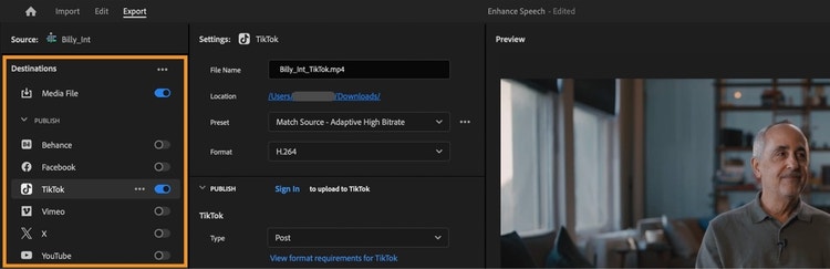 Your media can be exported to popular social media platforms with direct integration for posting to TikTok from inside Premiere Pro.