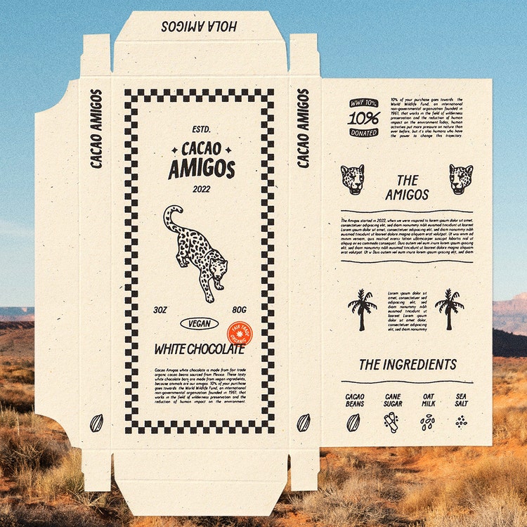 Design packaging for a fictitious vegan chocolate brand.