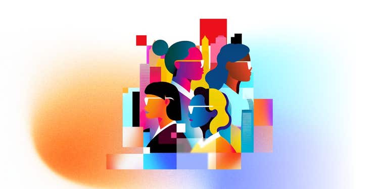 Abstract colorful art of 4 profiles of people.