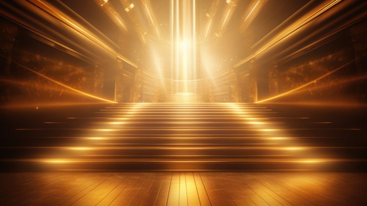 Luxury yellow golden staircase with gold light ray for award ceremony.