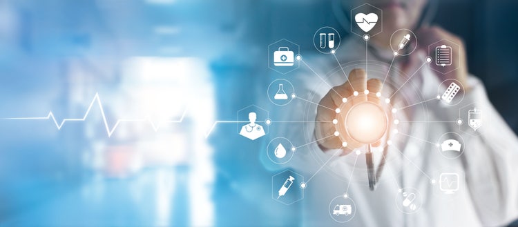 Medicine doctor and stethoscope in hand touching icon medical network connection.