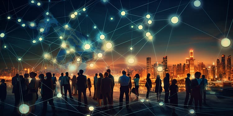 Digital Collaboration Crowd and Sphere Interaction.AI Generative.