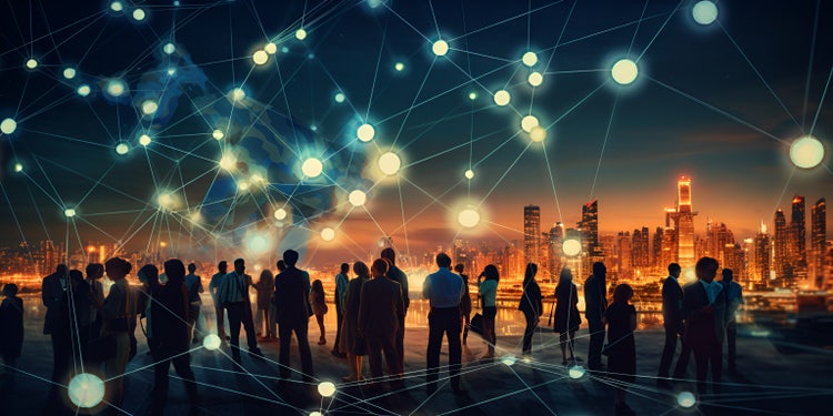 Digital Collaboration Crowd and Sphere Interaction.AI Generative.