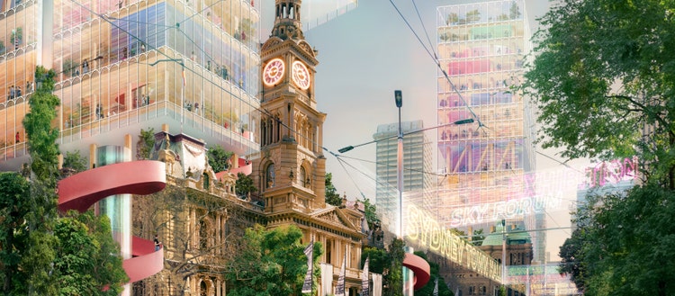 A city street with a clock tower with futuristic buildings and greenery surrounding it